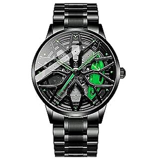 Spinning Car Wheels Gyro Men's Sport Watch Rotating Wheel Green Dial Metal Strap Analog Luxury Watches for Boy's and Men view 2