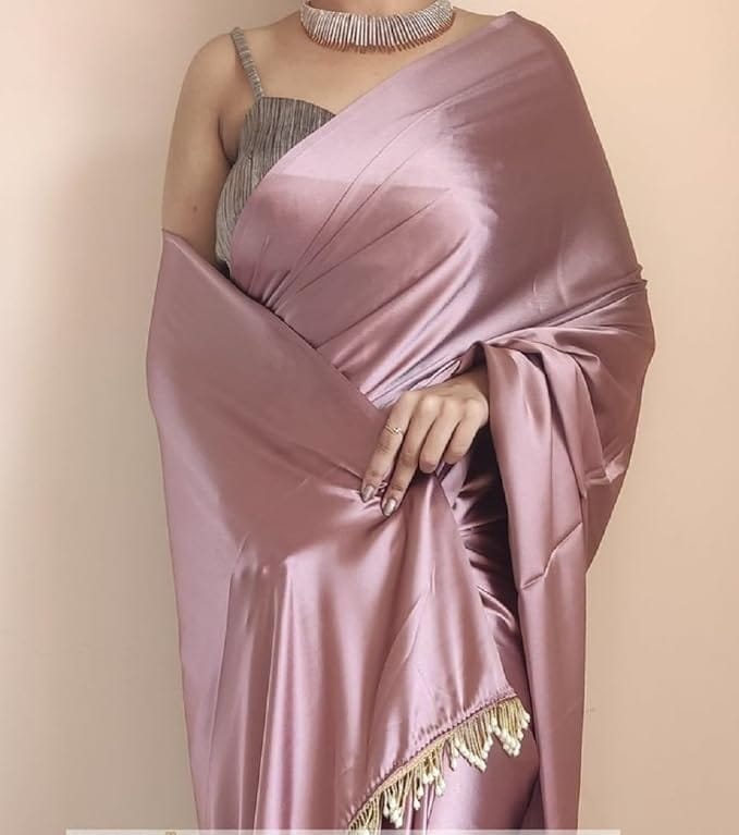 Buy Latest Party Wear Saree Collection Online - Rose Gold Satin Silk Saree With Blouse Piece