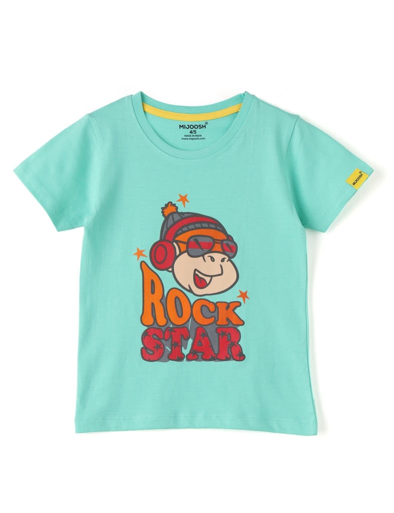 Boys T shirt Cotton Biscay Green Rock Star view 2