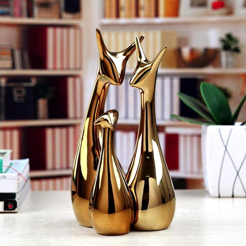 Shri Baba Art - Home Decor Lucky Deer Statue Family Piano Finish Ceramic Figures - (Set of 3, Golden Set) view 2