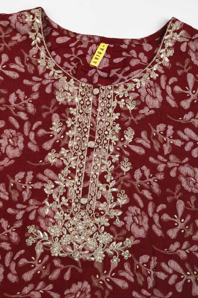 Maroon Silk Blend Floral Straight Kurta Trousers With Dupatta PKSKD1744 view 2