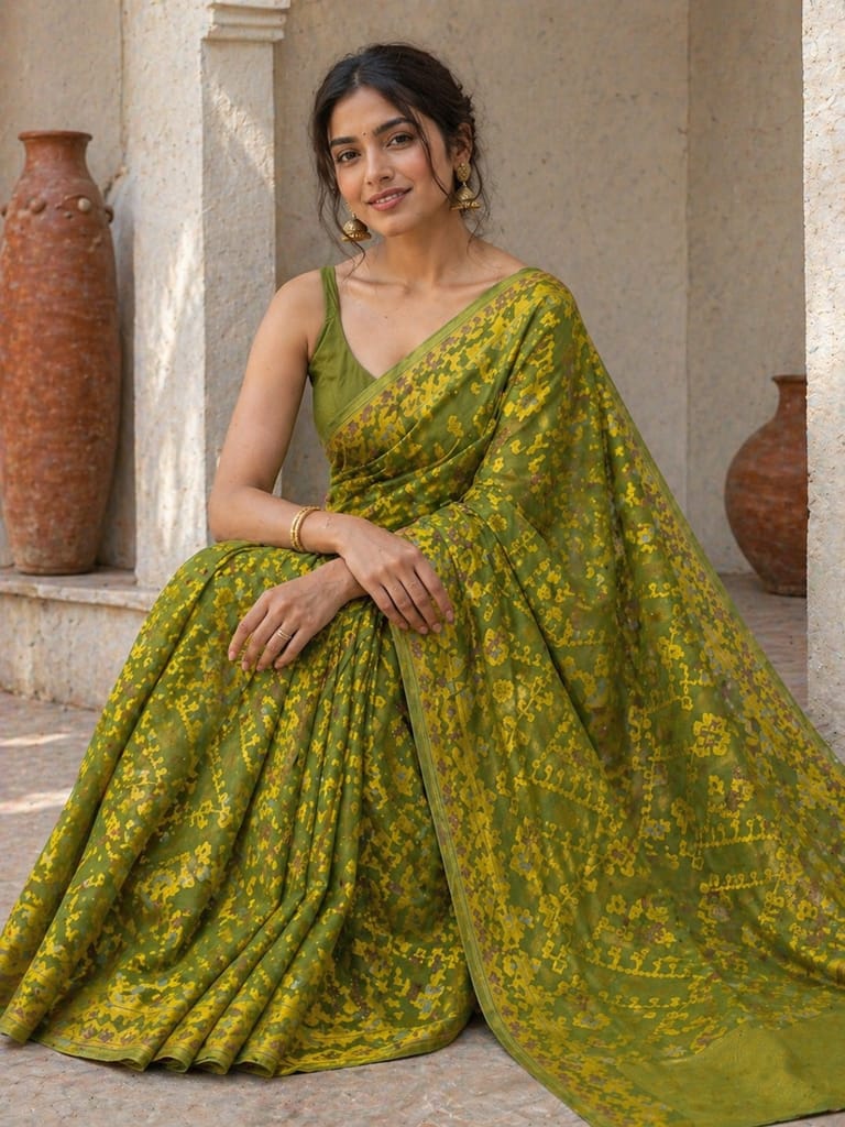 Cotton Jamdani Saree in Green view 2