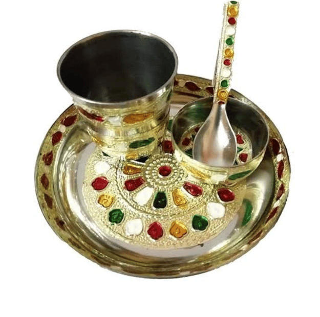 at Presents Laddu Gopal ji/Kanha Ji ke Bartan/Pooja thali Small- 4 pcs Set - Multicolor Minna Bhog Thali with Glass, Bowl and Spoon view 2