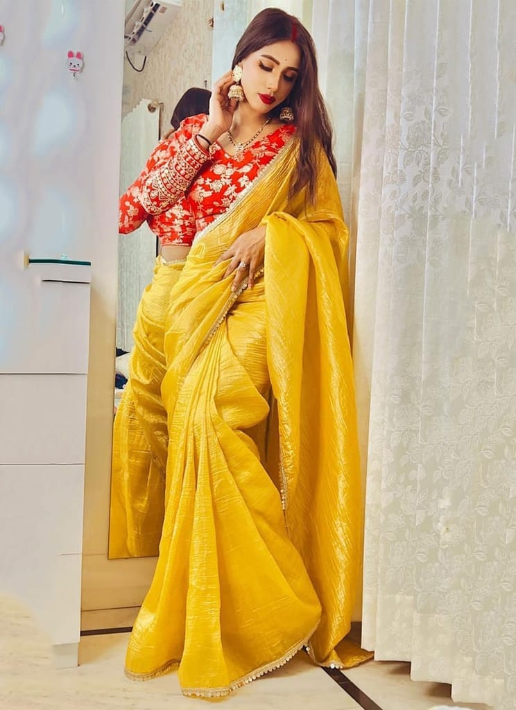 Attractive Yellow Crush Tissue Silk Saree with Jacquard Weaving Stitched Blouse view 2