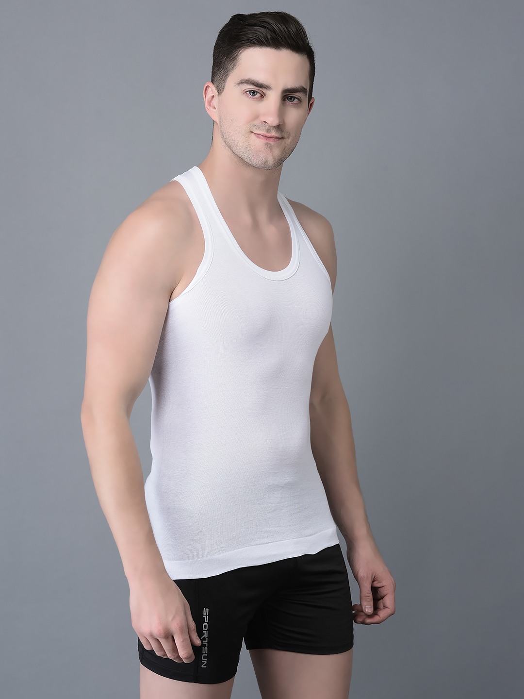 Men's White Pack of 7 Solid Combed Cotton Vest view 2