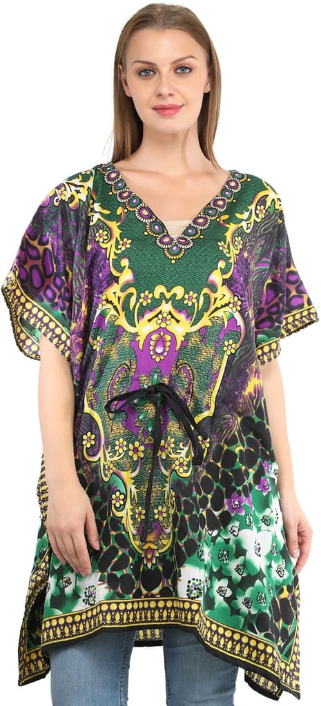Jelly-Bean Short Kaftan with Printed Florals All-Over and Dori at Waist view 2