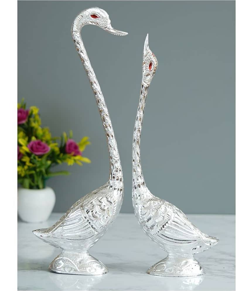 eCraftIndia Set of 2 Silver-Toned & Red Kissing Swan Couple Handcrafted Showpieces view 2