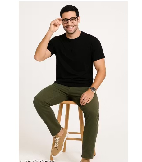 Men's Black Solid 100% Cotton Round Neck Regular Fit T-Shirt view 2