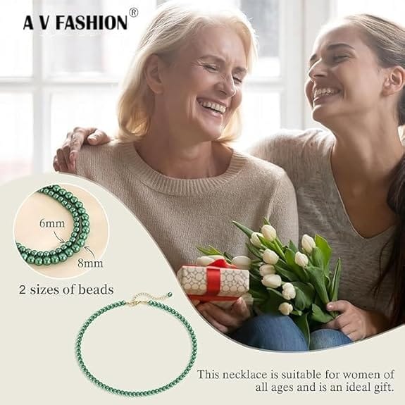 MANBHAR GEMS - Faux Pearl Necklace For Girl and Women Green Pearl Necklaces for Women, 8MM Beaded Choker Necklace 1 Layer Beaded Mala Fashion Jewellery view 2