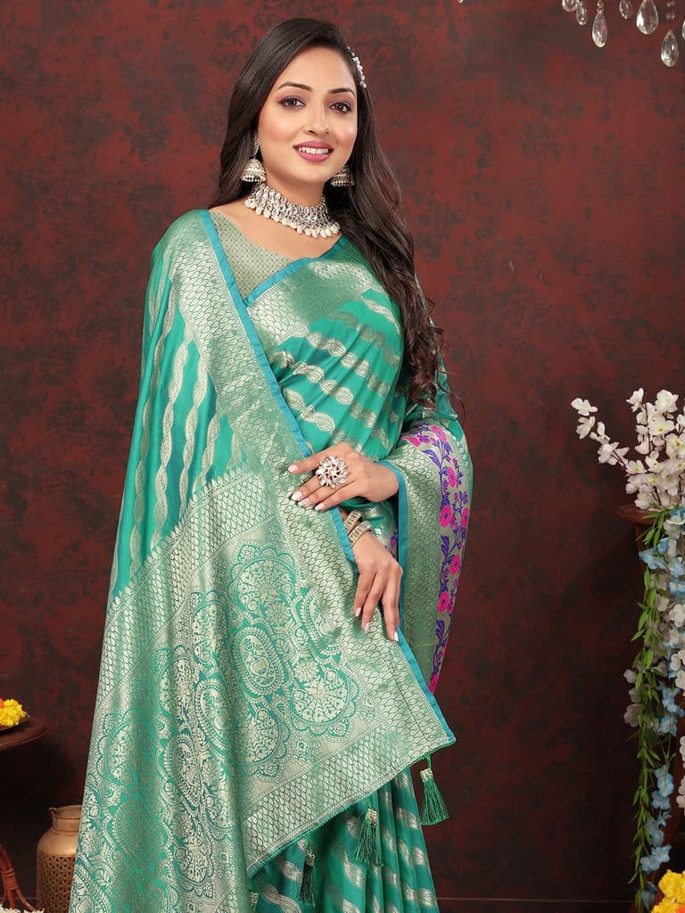 Teal Soft Silk Woven Design with Zari Weaving Leheriya Design Saree view 2