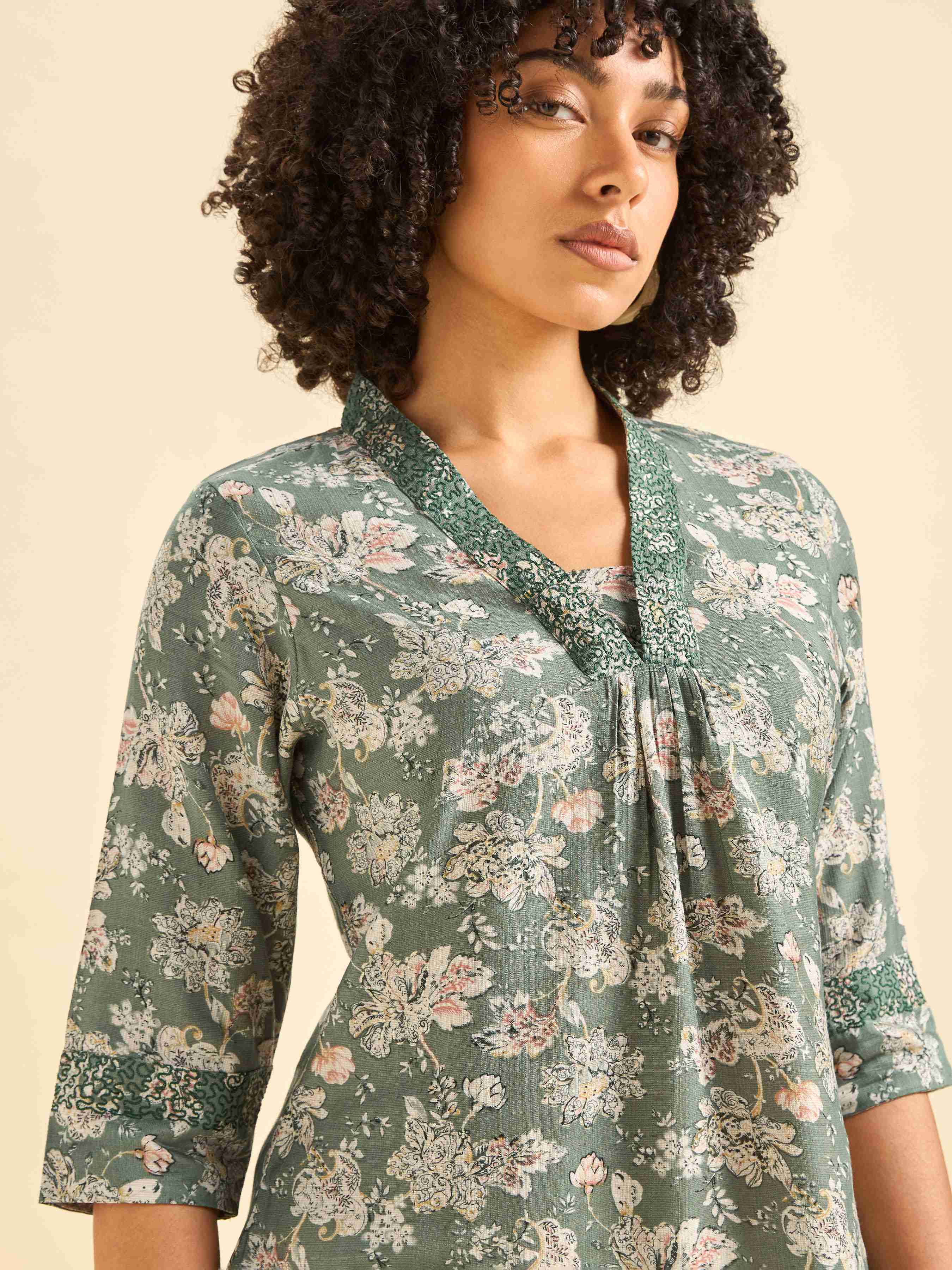 Pista Green Viscose Blend Printed Kurti With Embroidery view 2