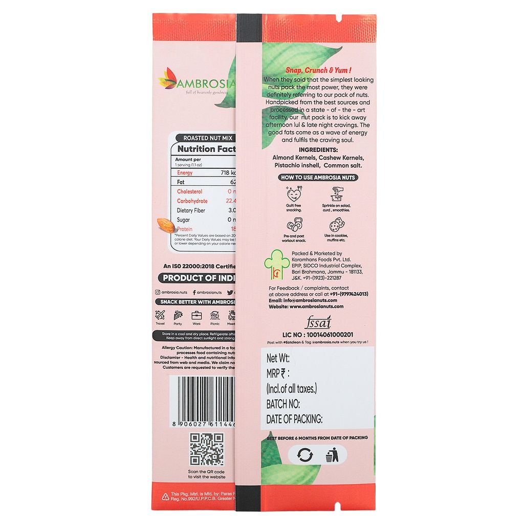 Ambrosia Mixed Roasted Nuts Almonds, Cashew & Pistachios Mini Packs 40g | Pack of 5 view 2