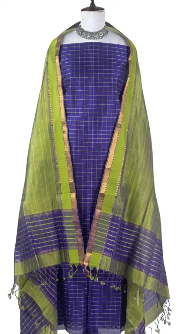 Andhra Silk Cotton Dress Material Royal Blue Green Zari view 2