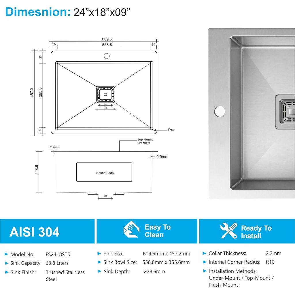 Aqua 304 Handmade (24 x 18 x 09 ) Inch SS Single Bowl Bowl Tap Hole Square Coupling Silver Kitchen Sink view 2
