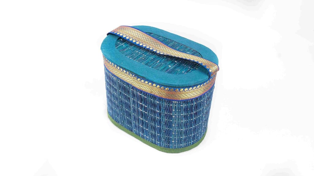 Blue and Green Handwoven Cylindrical Wicker Basket with Lid view 2