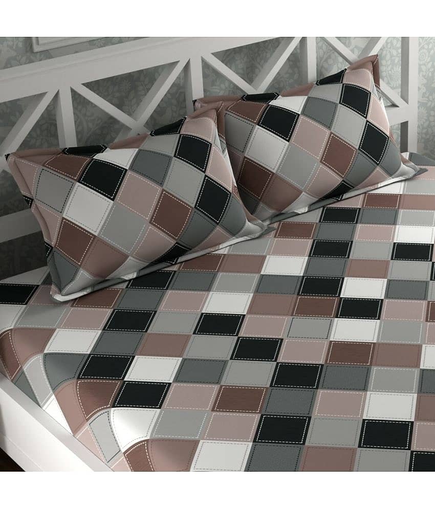 CG HOMES Microfiber Big Checks 1 Double Bedsheet with 2 Pillow Covers - Grey view 2