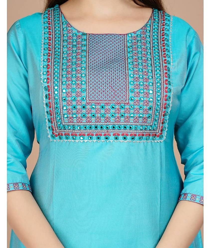 EXPORTHOUSE - Blue Straight Silk Women's Stitched Salwar Suit ( Pack of 1 ) view 2