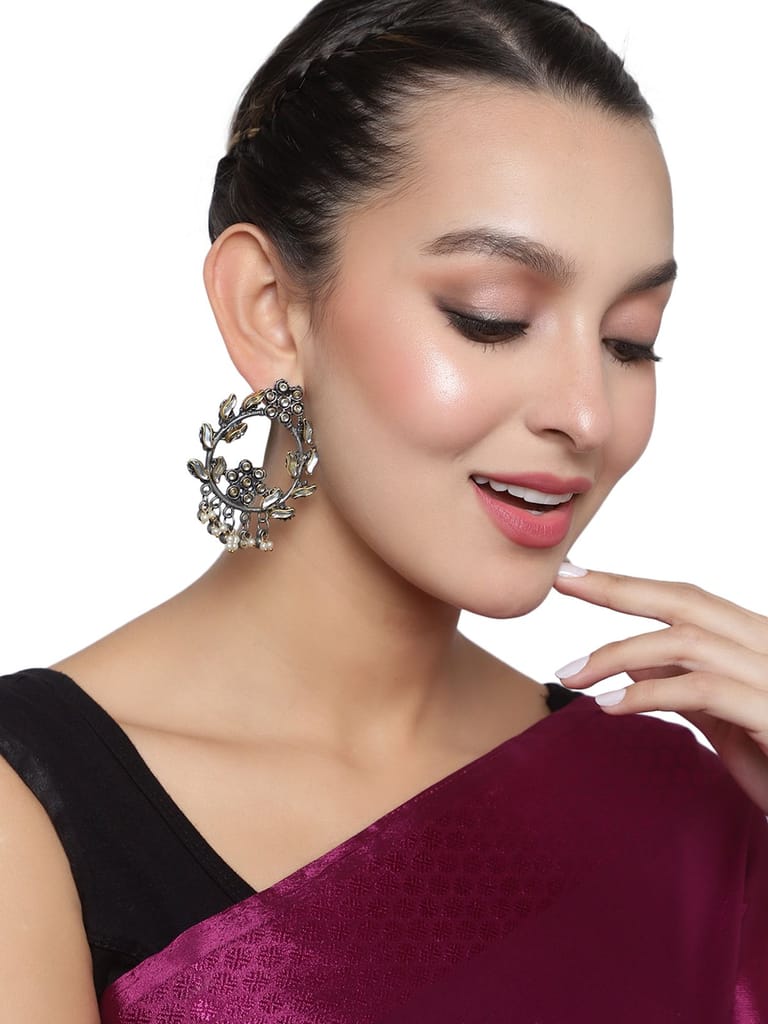 Cardinal Oxidized Gold & Metallic Color Kundan Jhumka Earrings view 2
