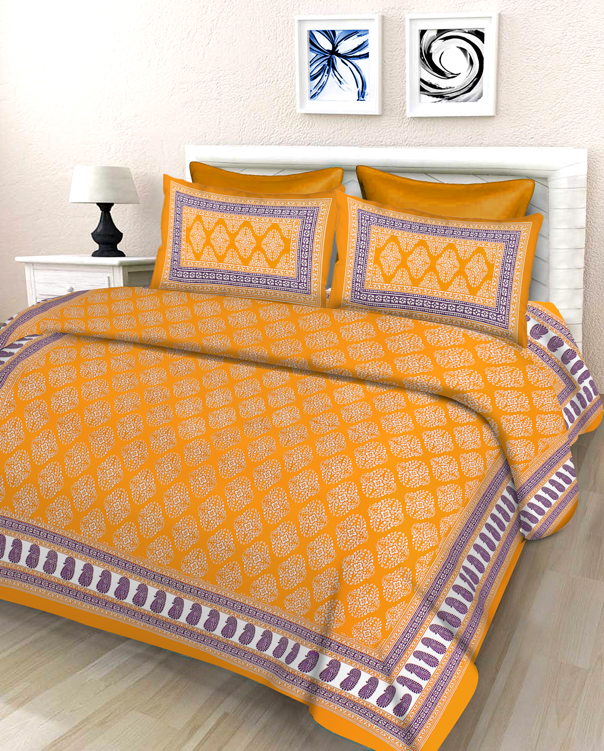 Lali Prints Jaipuri Yellow Printed Cotton 130 TC Queen Bedsheet with 2 Pillow Covers