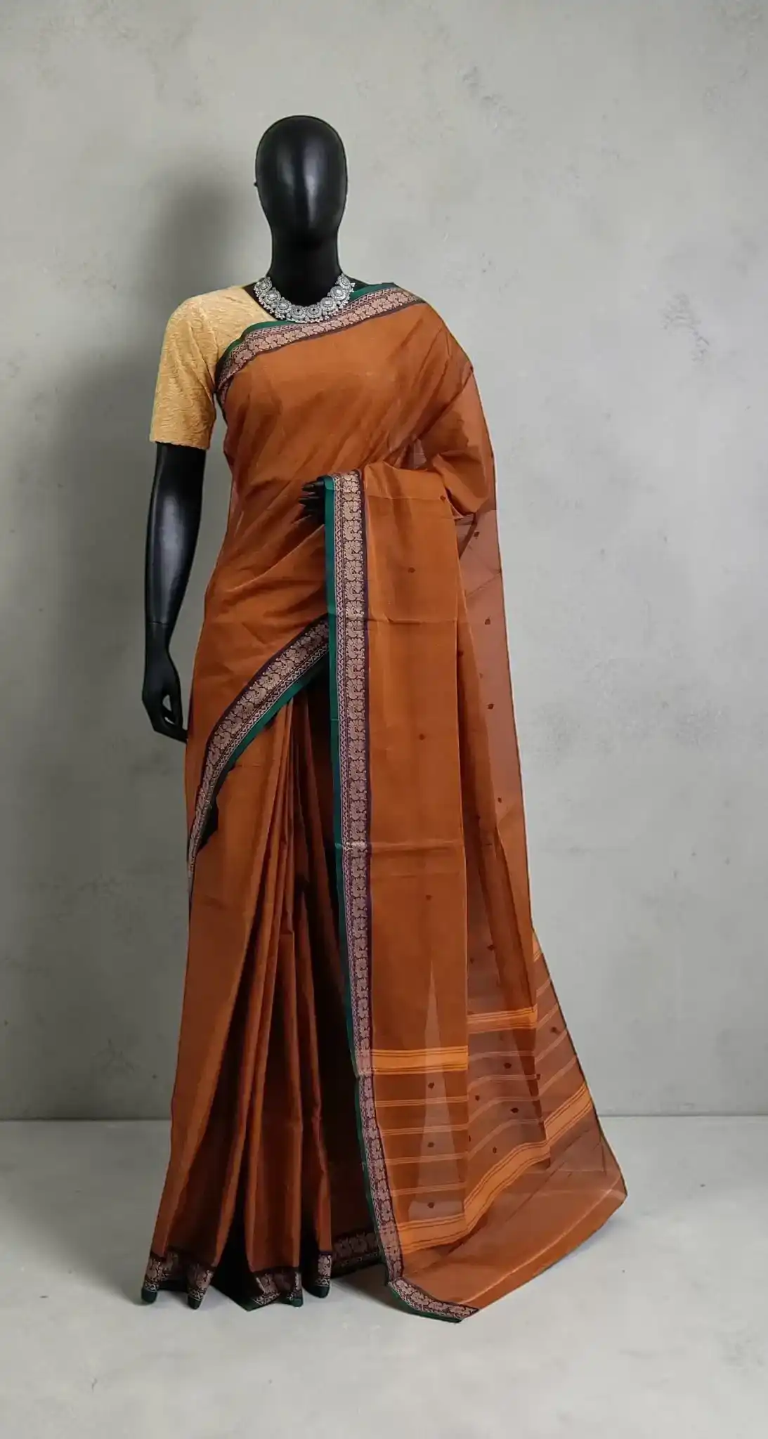 Handwoven Kanchipuram Cotton-Silk Saree in Rust Brown with Golden Border