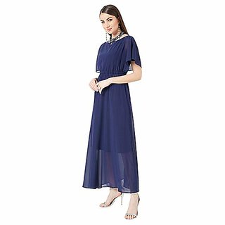 Miss Chase Womens Navy Blue Flared Solid Embellished Gathered Maxi Dress view 2