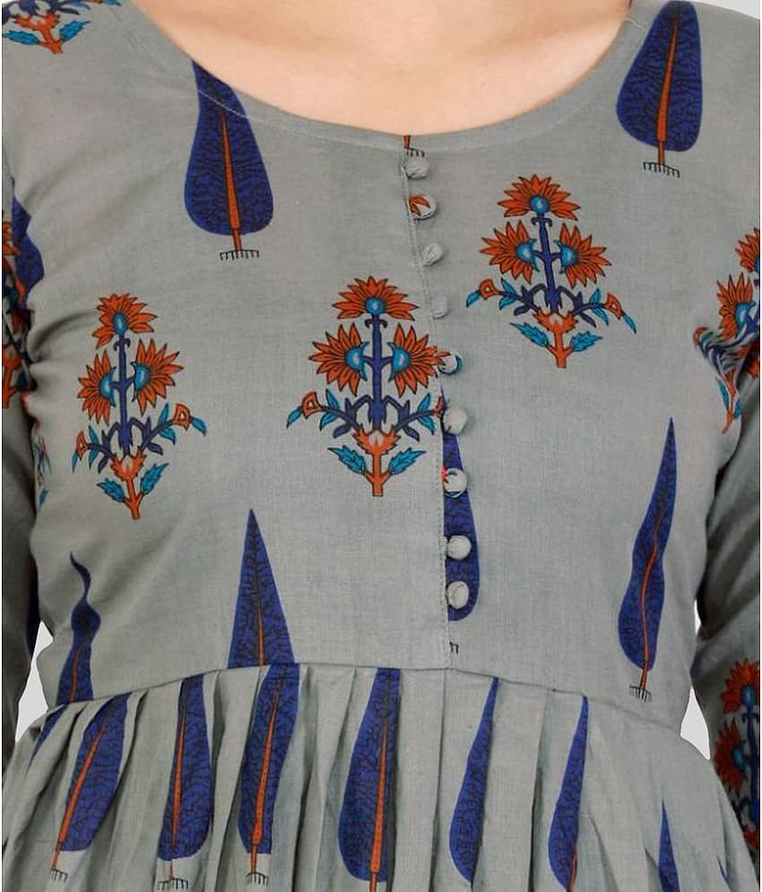 EXPORTHOUSE - Grey Frock Style Cotton Women's Stitched Salwar Suit ( Pack of 1 ) view 2