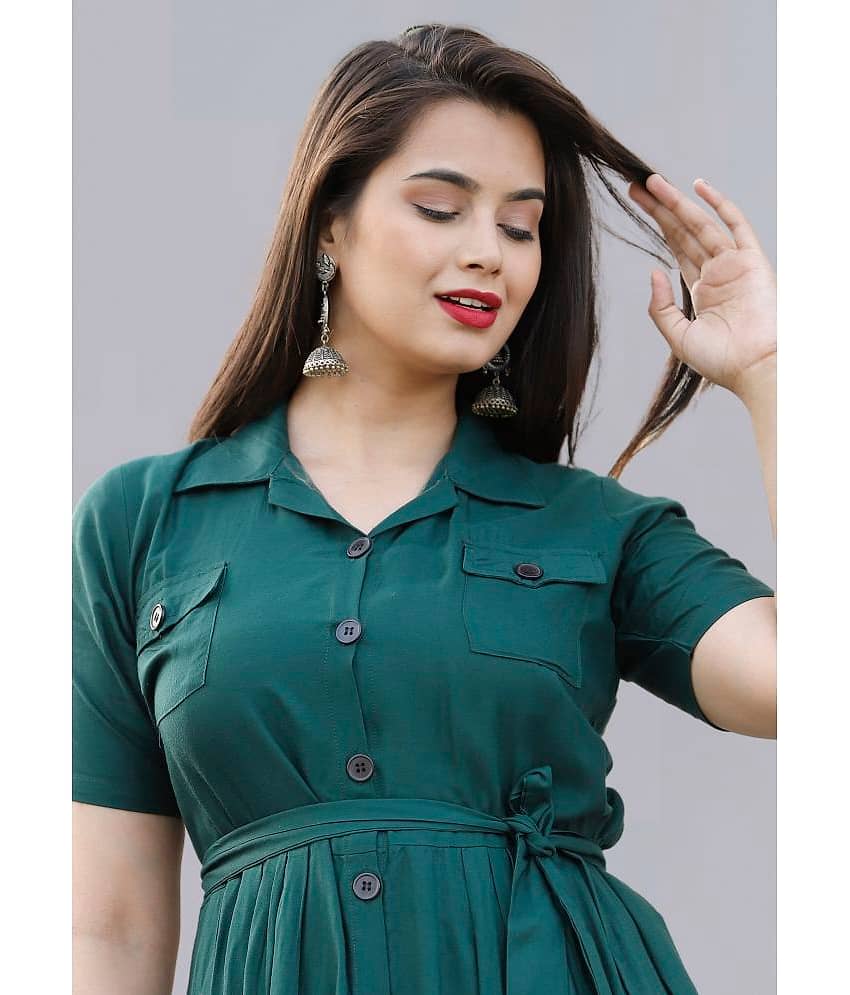 ZAMAISHA Women Rayon Solid Shirt Dress ( Green ) view 2