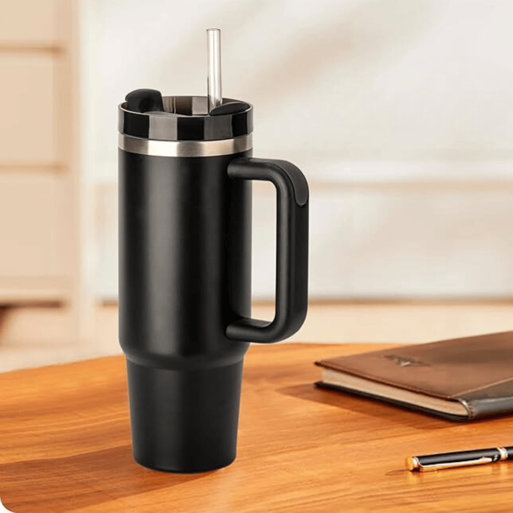 1200ML Stainless Steel Tumbler Hot and Cold with Handle and Lid 2 Straw, Double Insulated Cup 100% Leak Proof Mug Cupholder for Gym, Travelling. Tumbler with Straw, Steel Bottle (Black) view 2