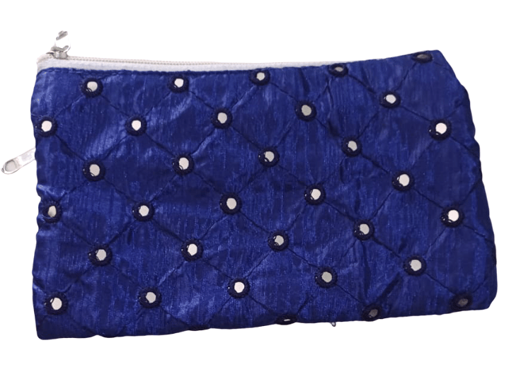 Women's Blue Quilted Pouch with Mirror Work and Two Zippers view 2