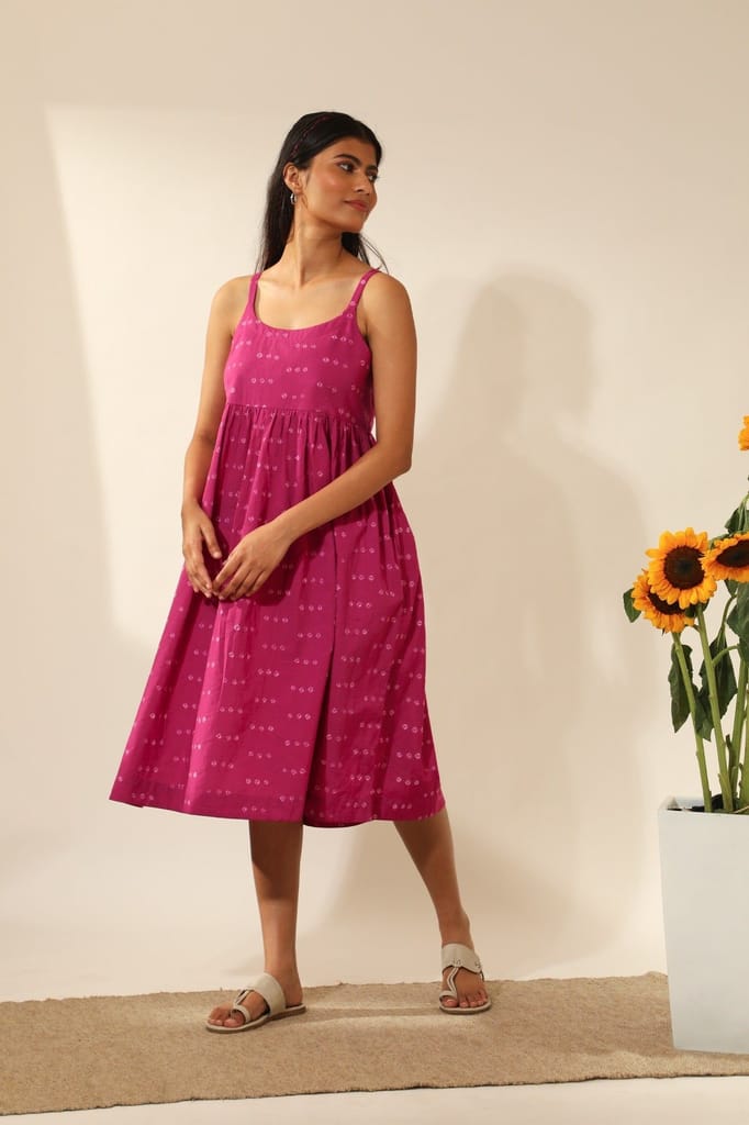 Bandhani Strappy Knee Length Dress In Magenta Pink view 2