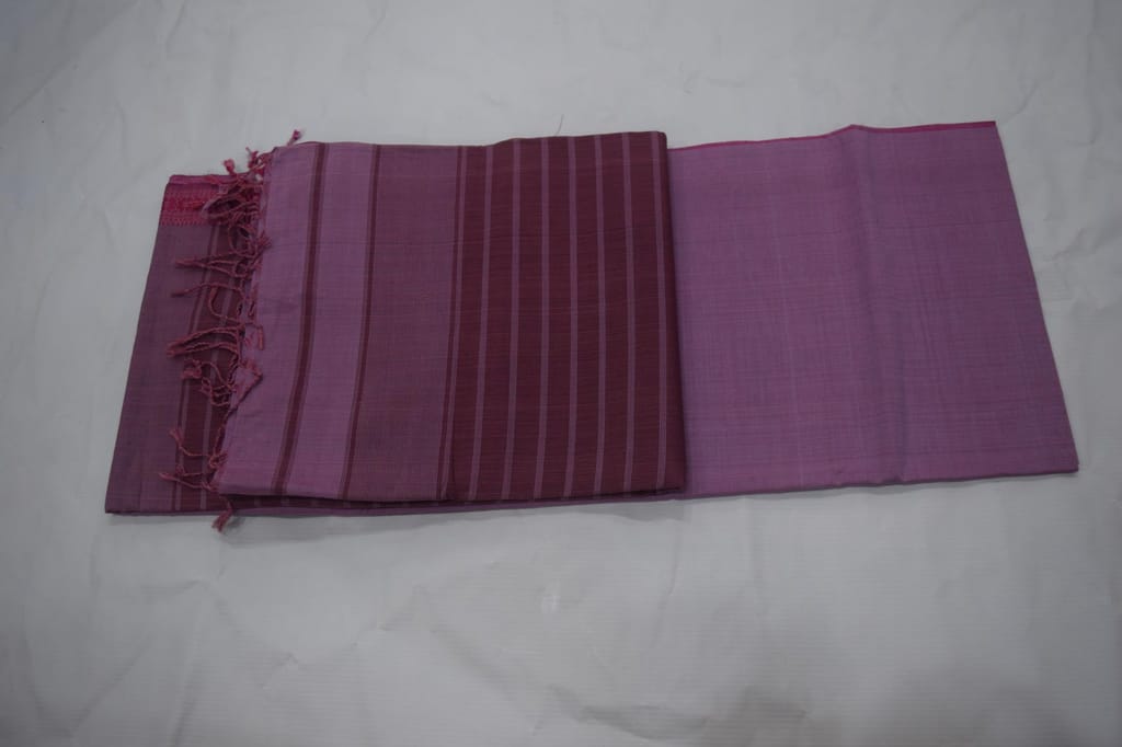 Handloom Cotton Saree, Purple and Maroon Striped Pattern, Fringed Edges, Traditional Weave view 2