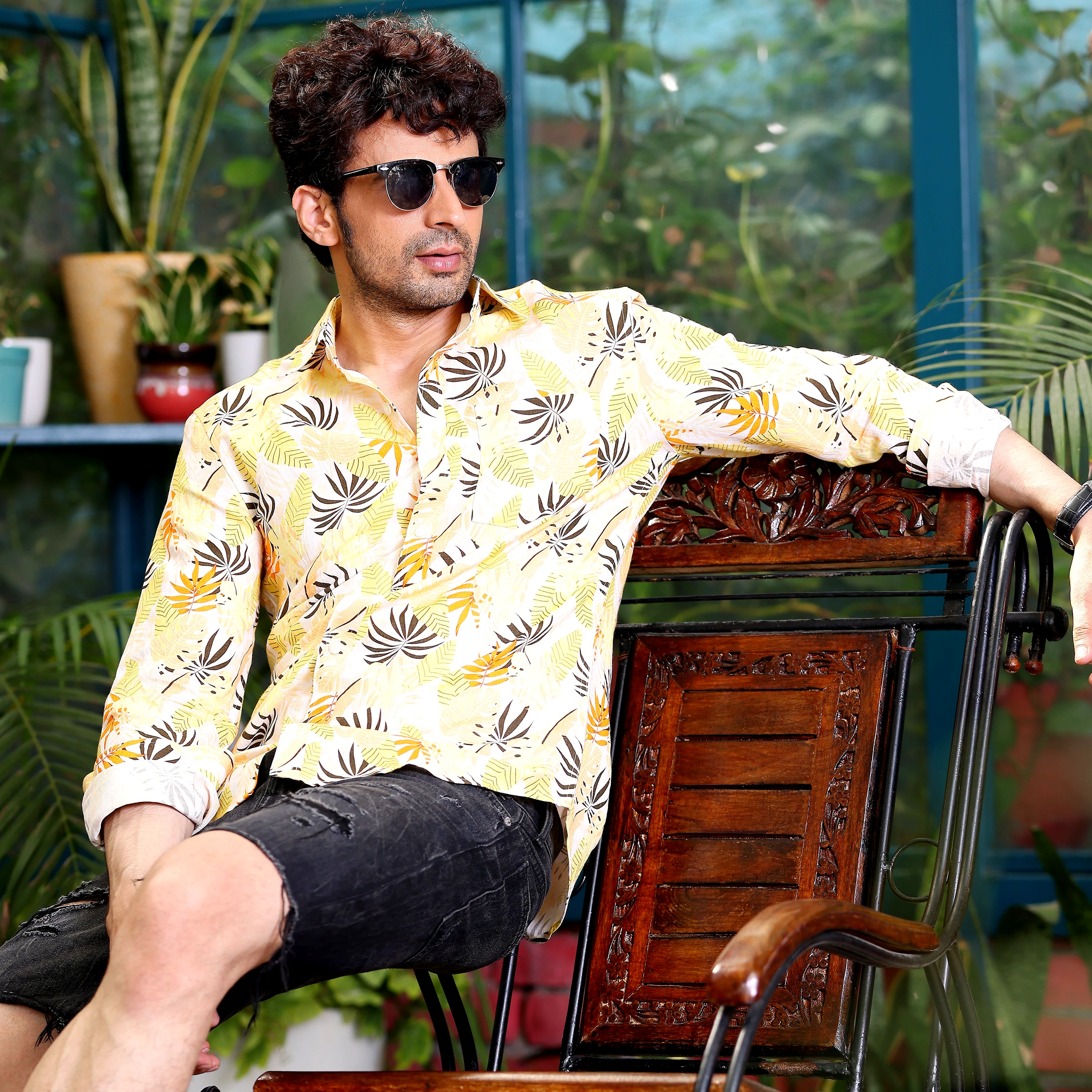 Philodendron Selloum Plant Lemon Casual Pure Linen Full Shirt (Size - XL) by BLUE EAGLE view 2