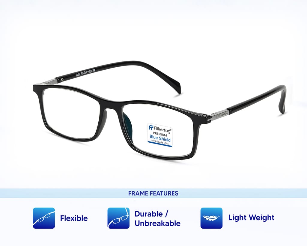 Flikertag Blue Cut Computer Glasses for Eye Protection | Zero Power Blue Light Filter Glasses With UV Protection | Anti Glare Specs for Boys & Girls [FTF213 F1 Rectangular Glossy Black Frame, 49mm] view 2