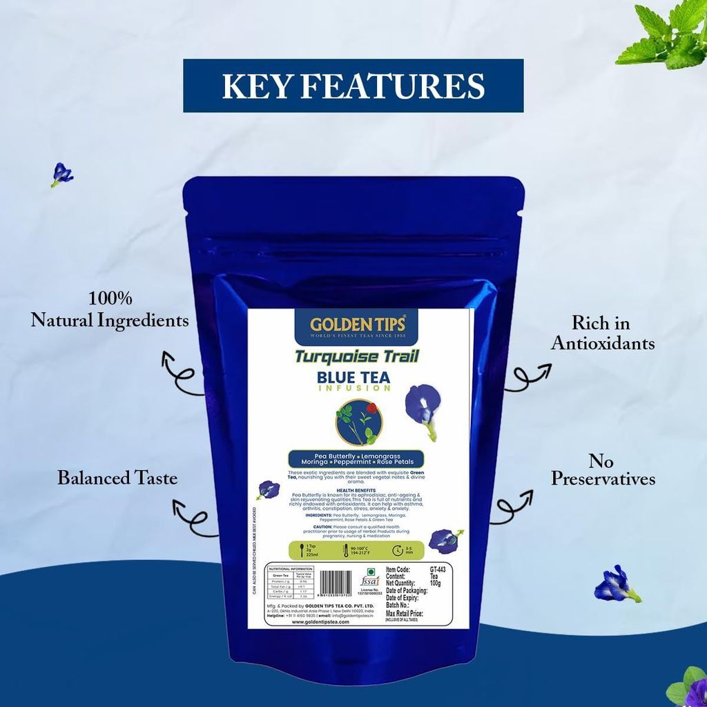 Golden Tips Turquoise Trail Infusion Blue Tea, Dried Butterfly Pea Flower, Premium Zipper (100gm- 50 cups) view 2
