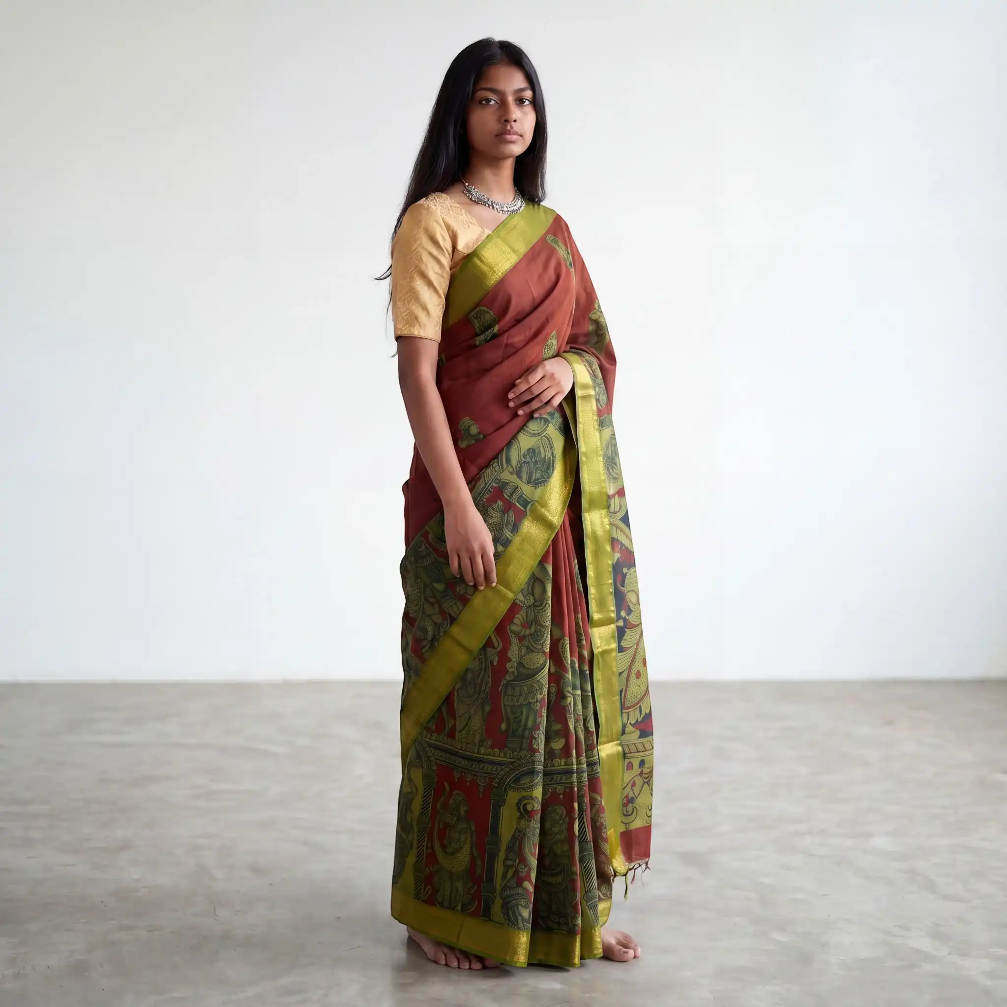 Pedana Kalamkari Block Print Semi Pattu Saree in Red and Green view 2