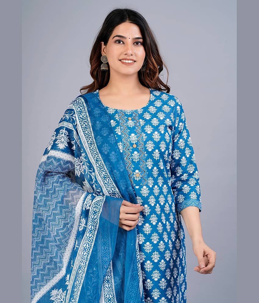 Mishree Collection - Blue Straight Cotton Women's Stitched Salwar Suit ( Pack of 1 ) view 2