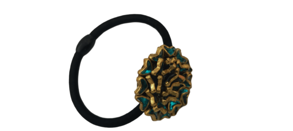 Oxidized Gold Plated Green Meenakari Kundan Hair Rubber Band view 2