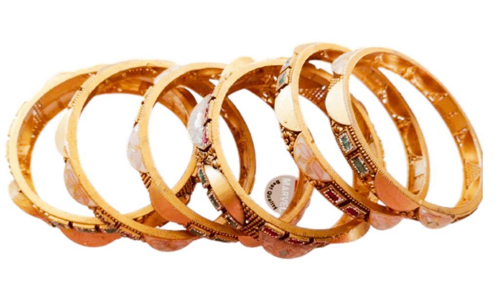 Exquisite and elegant gold plated bangles with intricate meenakari work and studded with shimmering pink and green stones. Perfect for traditional occasions and weddings. view 2