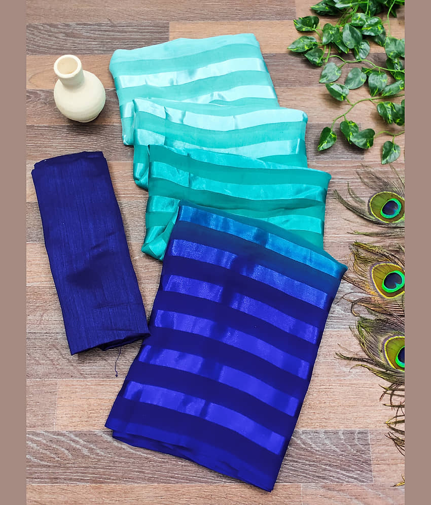ANAND SAREES Satin Striped Saree With Unstitched Blouse Piece ( Blue ) view 2