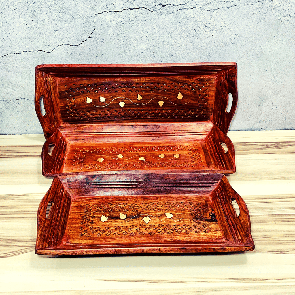 Homefrills Sheesham Wood Carved Design Antique Serving Tray/Platter, Handmade & Handcrafted Rectangular Platter/Trays with Handles for Serving Pastries, Snacks, Breakfast, Coffee- Set of 3 view 2