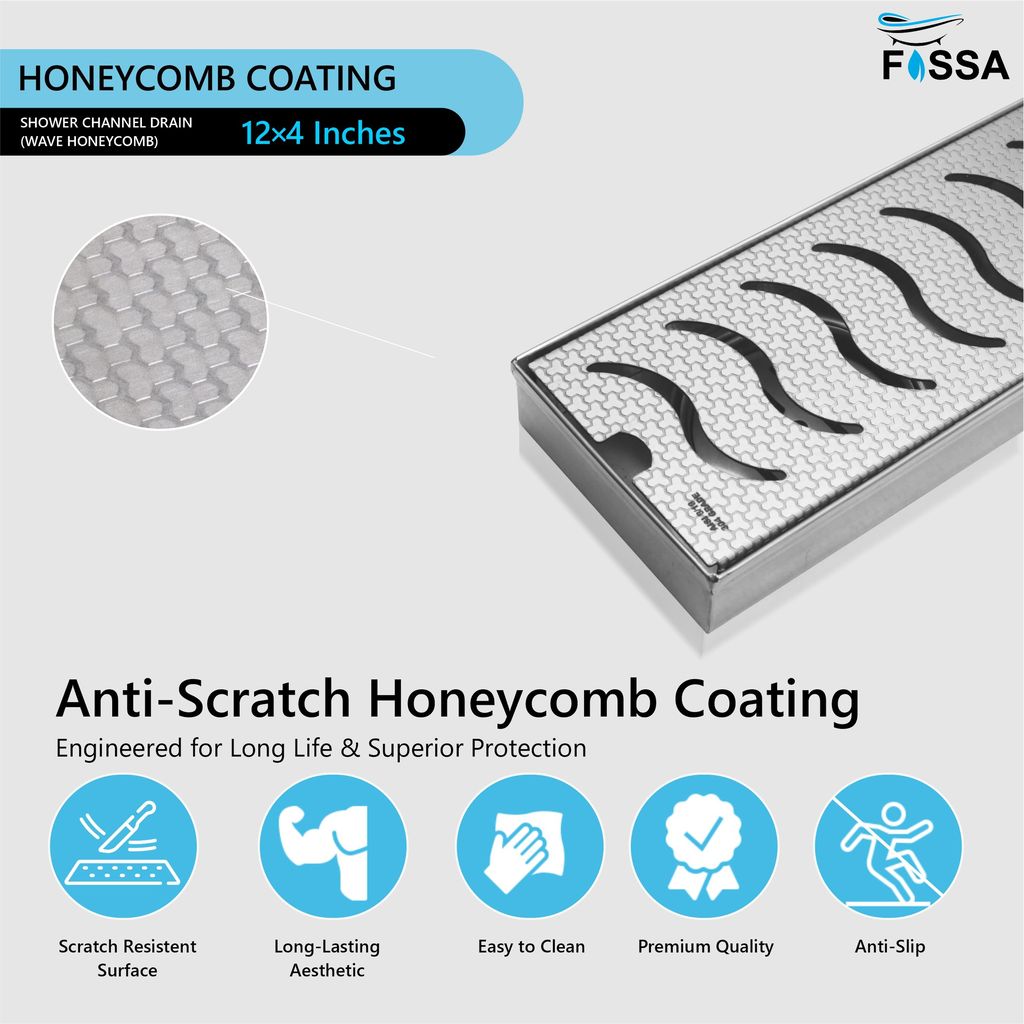 Wave (18 x 4 Inches) Honeycomb Shower Drain Channel With Side Hole AISI 304 Stainless Steel view 2