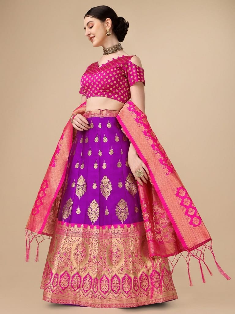 Purple Brocade Fabric Lehenga & Unstitched Blouse With Dupatta view 2