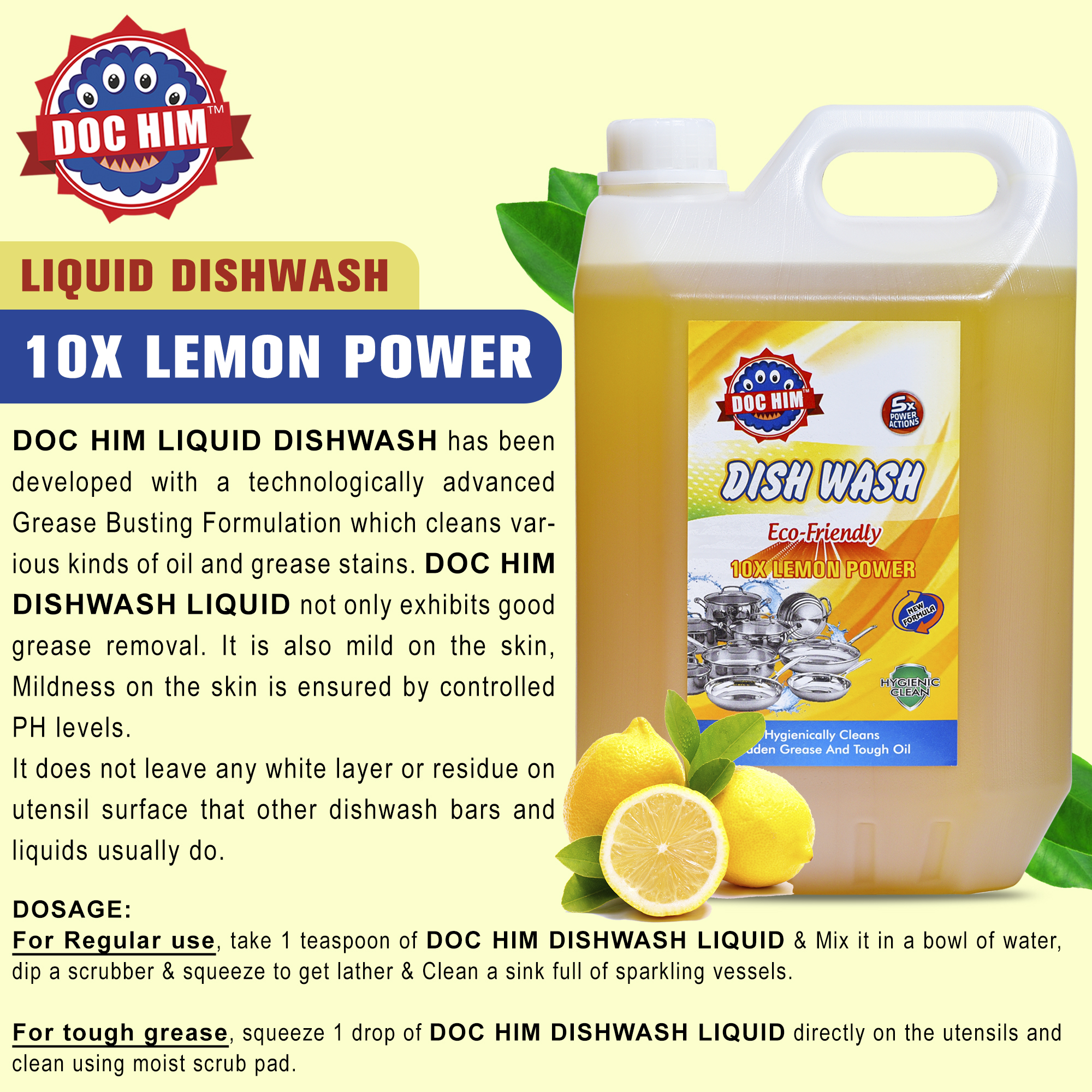 Doc Him Lemon Dish Wash Liquid 5 Litre | Heavy-Duty Grease Removal, Bulk Value Pack with Lemon Freshness view 2
