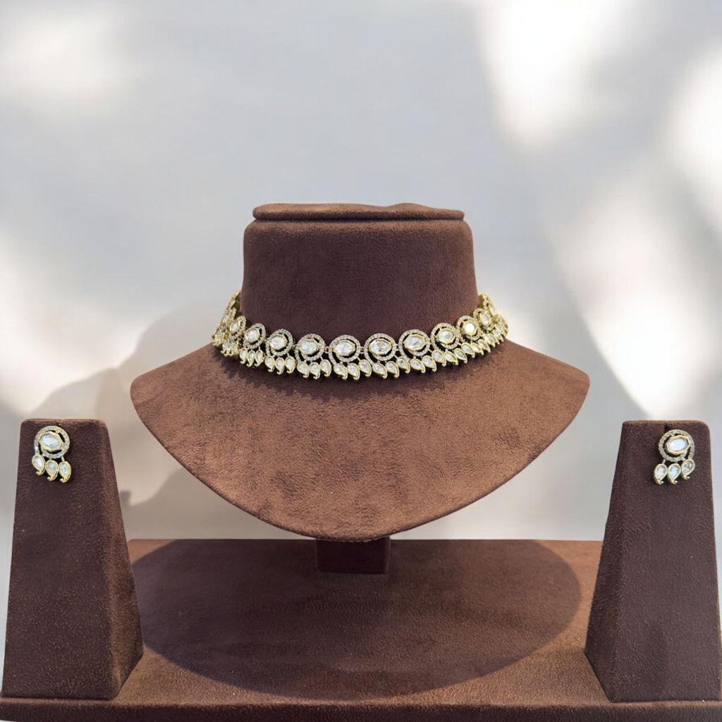 Gold-plated Kundan and Polki Choker Necklace Set By Dia Art Jewels view 2
