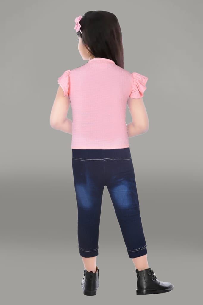 Girls' Pink Printed Top and Blue Denim Jeans Set view 2