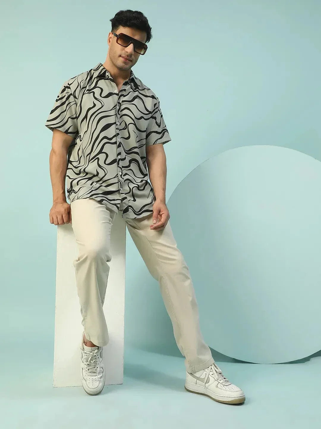 Alpha Green Swril Print Collared Short Sleeve Men Oversized Shirt view 2