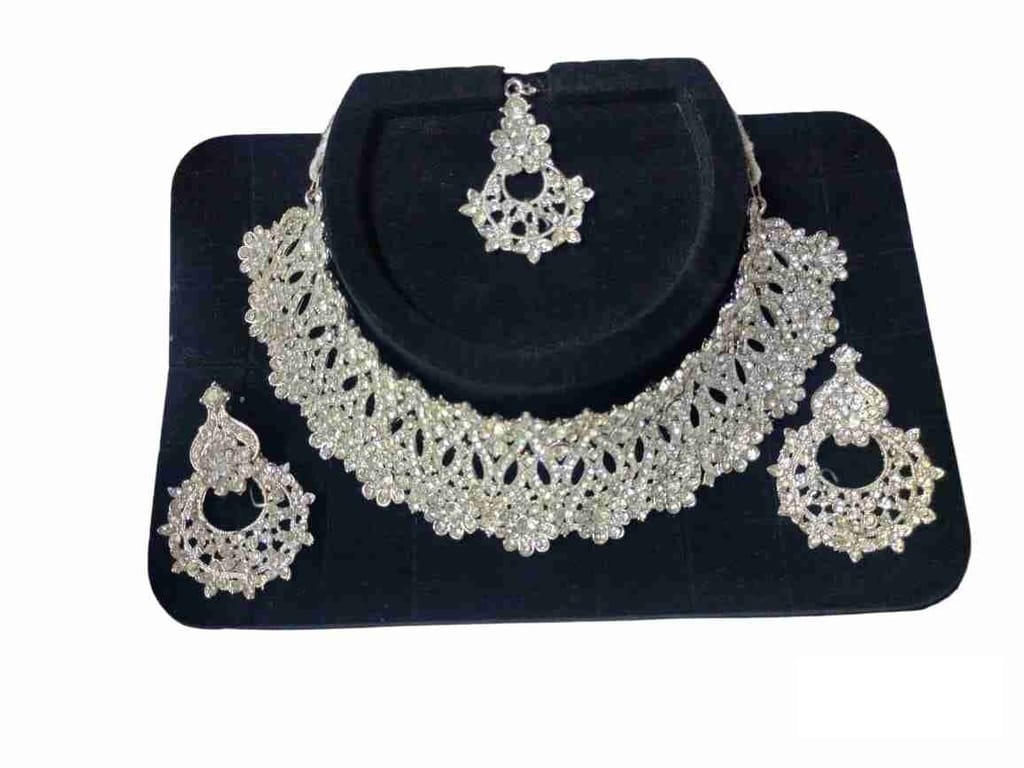 American Diamond Bridal Necklace Set with Earrings and Maang Tikka view 2