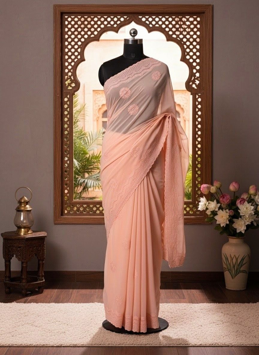 Elegant Light Peach Embroidered Chiffon Saree view 2