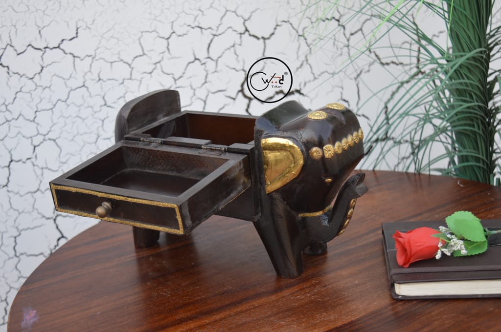 Wood To Cart® Decorative Hand Painted Woooden Elephant Shape Box for Jwellery, Storage view 2
