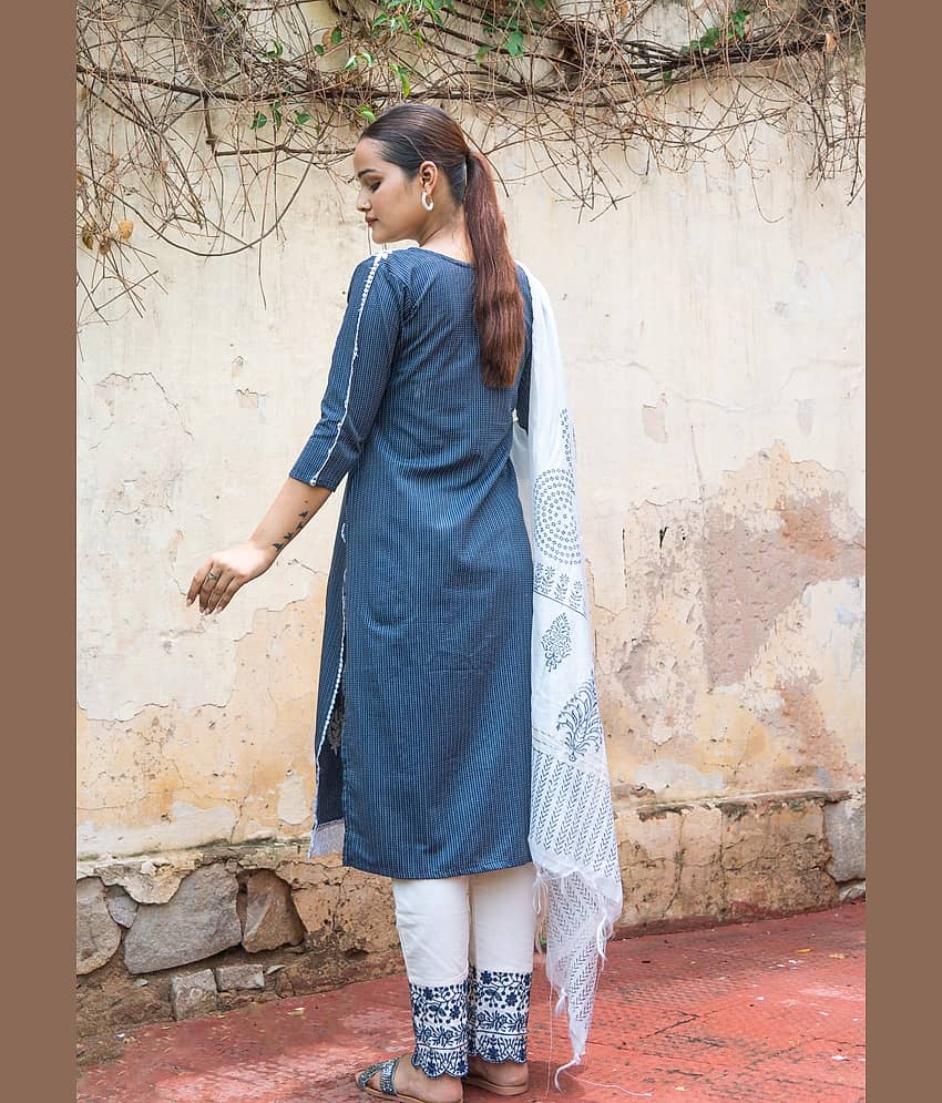 anushansa Cotton Blend Embroidered Kurti With Pants Women's Stitched Salwar Suit - Blue ( Pack of 1 ) view 2